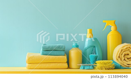 Cleaning set for different surfaces in kitchen, bathroom and other rooms. Empty place for text or logo. Bright yellow background. Spring regular cleanup. Front view. 113894040