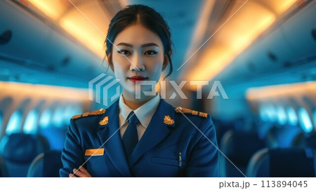 Cabin crew or air hostess working in airplane. Airline transportation and tourism concept 113894045