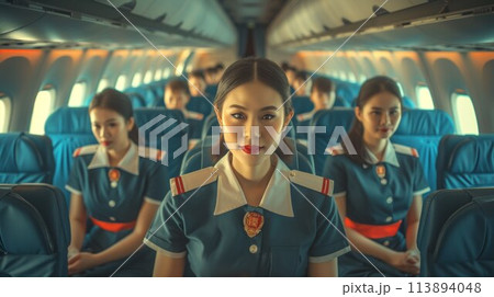 Cabin crew or air hostess working in airplane. Airline transportation and tourism concept 113894048