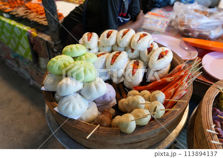 Steamed buns and meatballs,Food at the local market in Ao Nang City, Krabi Province Steamed buns and meatballs,Food at the local market in Ao Nang City, Krabi Province 113894137