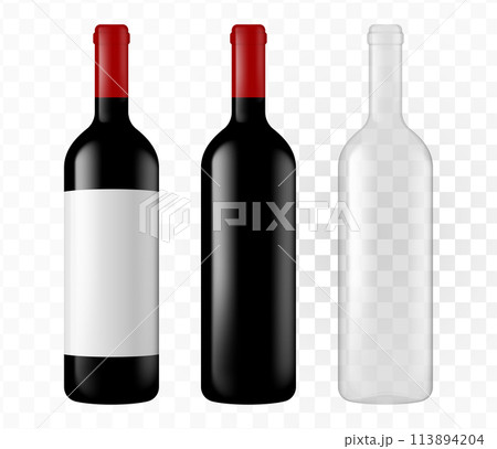 A set of wine bottles. Packaging for liquid products on a transparent background. A set of wine bottles. Packaging for liquid products on a transparent background. 113894204
