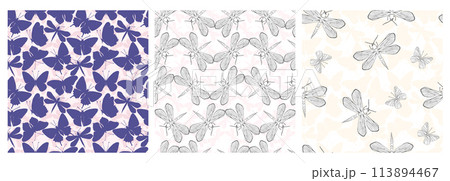 Dragonfly silhouette vector seamless pattern set background for textile, fabric, wallpaper, scrapbook. Insects with wings drawing for surface design in pastel color 113894467