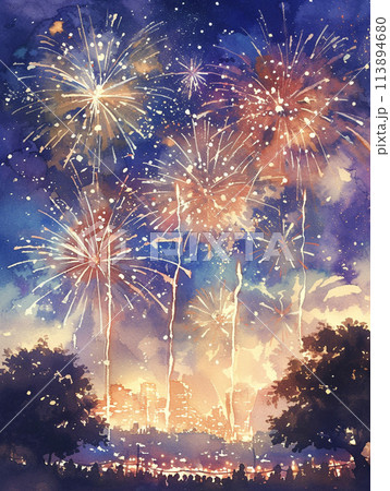 花火大会の水彩画　AI画像 113894680