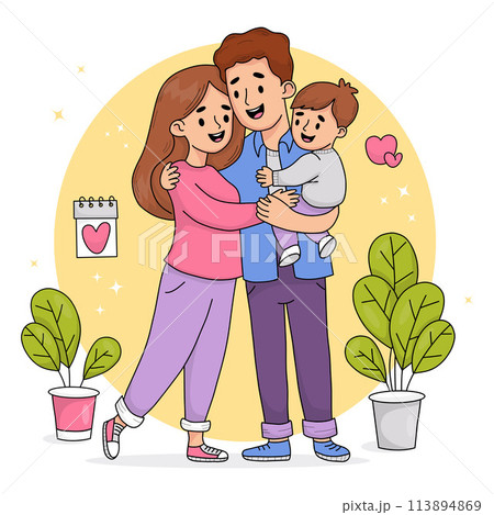 Happy family. Smiling man father hugs his wife and holds son in his arms. Vector illustration. Cute people characters in full growth for holiday design, cards 113894869
