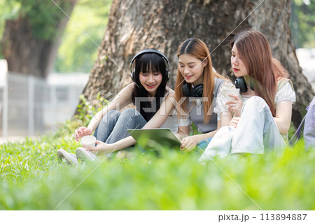 College student having discussion under tree on campus, preparing for exam, learning and reading books together College student having discussion under tree on campus, preparing for exam, learning and reading books together 113894887