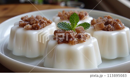 Panna Cotta with glistening brown sugar crumbles on top 113895083