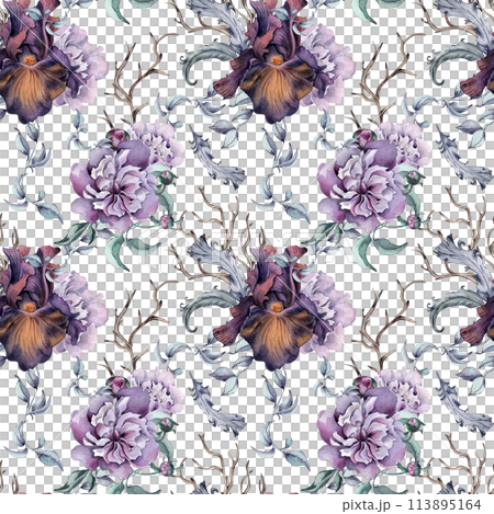 Gothic floral seamless pattern hand drawn. Black iris and peony flowers watercolor isolated on white. Botanical dark art with snag and feathers for mystical party. Design for package, textile, paper 113895164