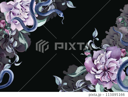Watercolor border of pink flowers and snake isolated on black. Gothic floral Illustration hand drawn. Botanical art with dark purple peony, leaves. wedding decoration, invitation, backdrop, card 113895166