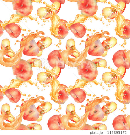 Watercolor seamless pattern of chines flat peaches levitation with splashing juice isolated on white. Fruits with drops painted. Fig peach hand drawn. Design element for package, label, cosmetic, oil 113895172