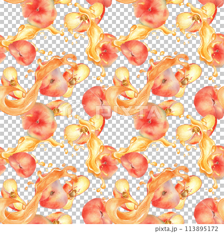 Watercolor seamless pattern of chines flat peaches levitation with splashing juice isolated on white. Fruits with drops painted. Fig peach hand drawn. Design element for package, label, cosmetic, oil 113895172