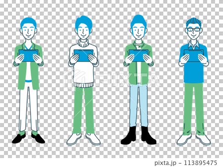 Illustration set of a man holding a tablet Illustration set of a man holding a tablet 113895475