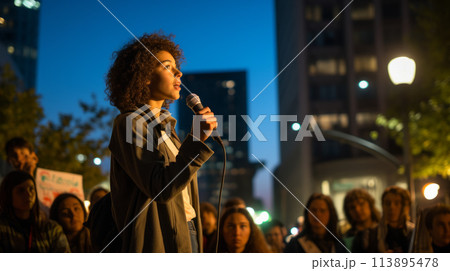 Young activist passionately speaks about eco-friendly practices in a bustling, brightly lit urban setting. 113895478