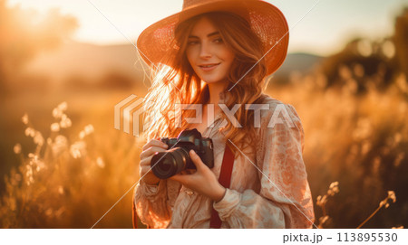 A young woman photographer with a camera captures the essence of creativity in a vibrant outdoor scene. 113895530