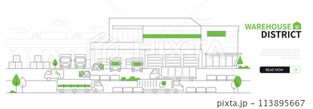 Warehouse district - modern thin line design style vector banner 113895667