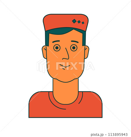 Face of young man in hat with green hair in orange t-shirt. Isolated vector illustration for websites, avatar, card and more design Face of young man in hat with green hair in orange t-shirt. Isolated vector illustration for websites, avatar, card and more design 113895943
