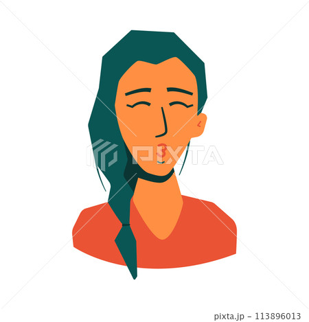 Face of young woman, who giving a kiss, with green hair in orange t-shirt. Isolated vector illustration for websites, avatar, card and more design Face of young woman, who giving a kiss, with green hair in orange t-shirt. Isolated vector illustration for websites, avatar, card and more design 113896013