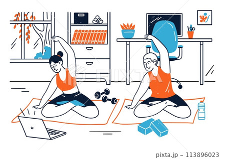 Young family couple characters enjoying online training at home Young family couple characters enjoying online training at home 113896023