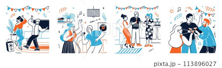 Happy people characters enjoying home party together isolated scene set Happy people characters enjoying home party together isolated scene set 113896027