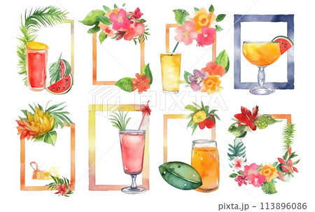 watercolor set vector illustration of tropical border flowers isolated on white background watercolor set vector illustration of tropical border flowers isolated on white background 113896086