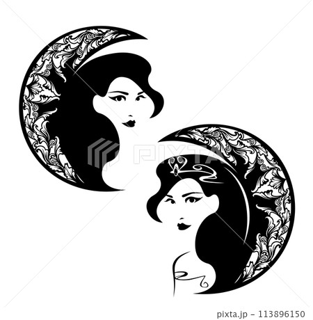 black and white vector head portrait of fairy tale princess with crescent moon black and white vector head portrait of fairy tale princess with crescent moon 113896150