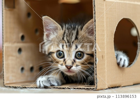 Playful kitten peeking out of a cardboard play box with holes in a home setting, showcasing curiosity 113896153