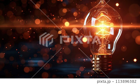 Idea innovation and inspiration concept. Illuminated light bulb, concept creativity with bulbs that shine glitter. Inspiration of ideas for sustainable business development network 113896382