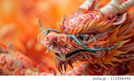 Closeup of a gold dragon statue with red and green details and white sharp teeth at a temple with gold details Closeup of a gold dragon statue with red and green details and white sharp teeth at a temple with gold details 113896446