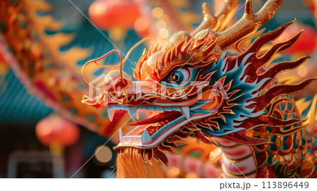 Closeup of a gold dragon statue with red and green details and white sharp teeth at a temple with gold details Closeup of a gold dragon statue with red and green details and white sharp teeth at a temple with gold details 113896449