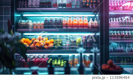 Refrigerators different types of supermarket fledges photo, mock-up, planogram. Suitable for presenting new products, interior design and retail design presentation 113896464