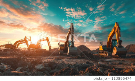 Crawler excavators silhouette are digging the soil in the construction site at sunset background 113896474