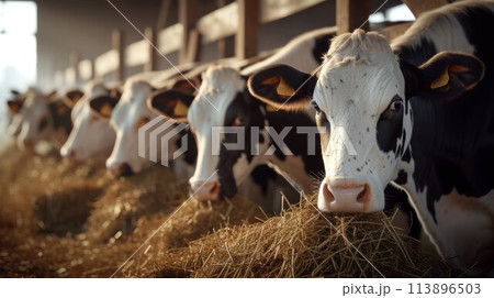 Row of cows standing by edge of large paddock inside contemporary animal farm and looking at camera while eating 113896503