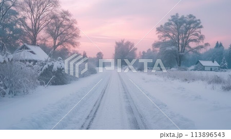 Snow-covered country road through the fields after a blizzard at sunset. Old rustic house in the background. Winter rural scene. Dramatic sky, colorful cloudscape 113896543