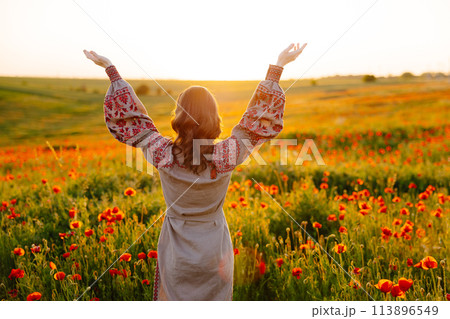 Woman standing in field with arms raised 113896549