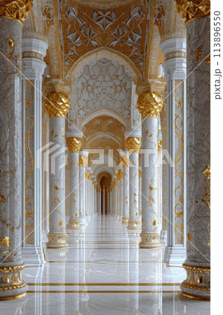 Decorated mosque marble columns on the top with like golden palm in corridor without people inside 113896550