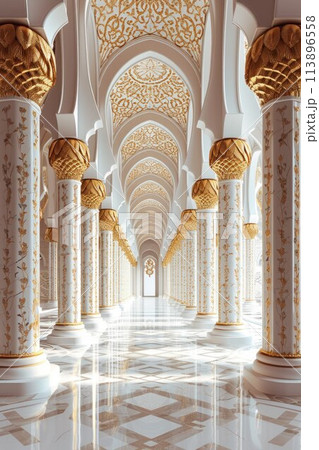 Decorated mosque marble columns on the top with like golden palm in corridor without people inside Decorated mosque marble columns on the top with like golden palm in corridor without people inside 113896558