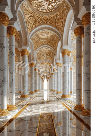 Decorated mosque marble columns on the top with like golden palm in corridor without people inside 113896560
