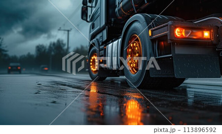 Truck chassis and orange wheels on a wet road in rainy weather, close-up. Safety concept and tire grip on wet road 113896592