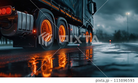 Truck chassis and orange wheels on a wet road in rainy weather, close-up. Safety concept and tire grip on wet road Truck chassis and orange wheels on a wet road in rainy weather, close-up. Safety concept and tire grip on wet road 113896593