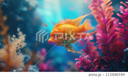 Underwater scene. Coral reef, colorful fish and sunny sky shining through clean ocean water. Space underwater Underwater scene. Coral reef, colorful fish and sunny sky shining through clean ocean water. Space underwater 113896594