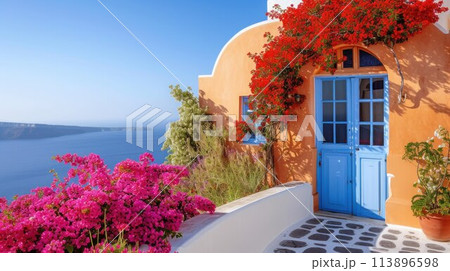 Colorful pretty pink Bougainvillea blooming with white and yellow buildings 113896598