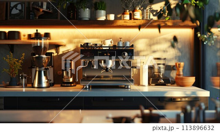 Modern coffee machine pouring milk into glass cup on countertop in kitchen 113896632