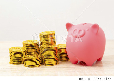 貯金箱とおもちゃの金貨 113897177