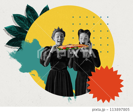 Poster. Two woman as medieval royal persons in monochrome eating vibrant modern sandwich against background with shapes and floral elements. Textured effect. Poster. Two woman as medieval royal persons in monochrome eating vibrant modern sandwich against background with shapes and floral elements. Textured effect. 113897805