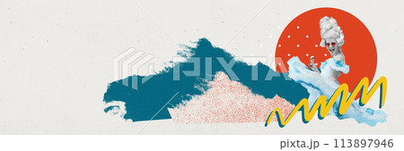 Banner. Young woman dressed as medieval person eating ice-cream against background with colorful splashes. Summer mood. 113897946
