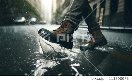 雨の中歩く人の足元 113898078