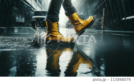 雨の日に歩く人の足元 113898079