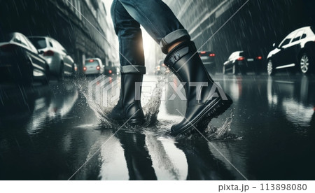 雨の中歩く人の足元 113898080