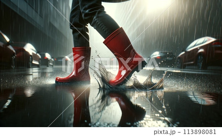 雨の中歩く人の足元 113898081
