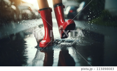 雨の中歩く人の足元 113898083