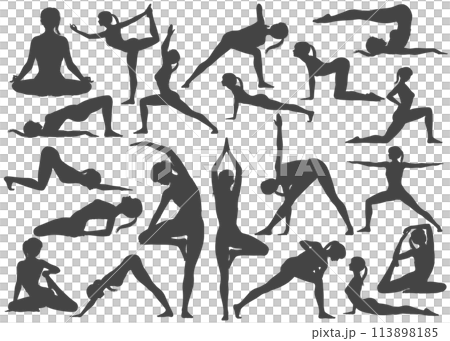 Yoga poses Illustration set of silhouettes of women doing yoga 113898185